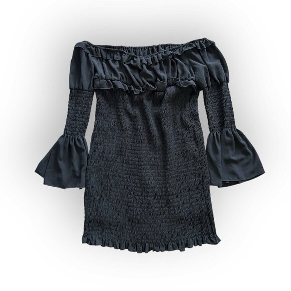 PRETTY LITTLE THING Black Chiffon Shirred Bodycon Dress Size 18 - Picture 4 of 7